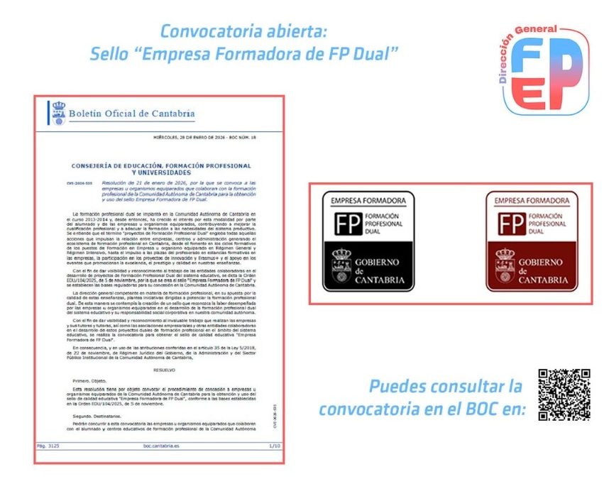 Convocatoria abierta  a las empresas y organismos de Cantabria para obtener el Sello «Empresa formadora de FP DUAL»